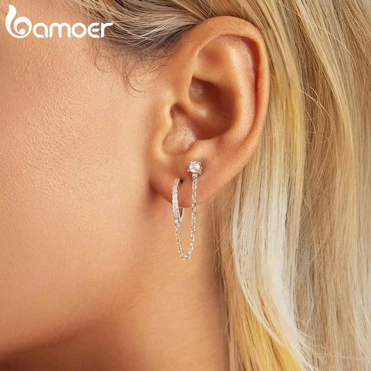 Zircon Stud Earrings with Chain – 925 Sterling Silver Double Hoop