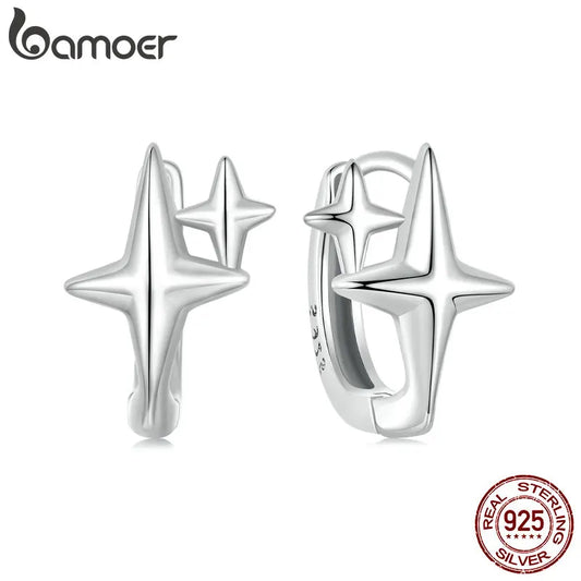 925 Sterling Silver Starlight Hoop Earrings – Minimalist Double Star Huggie