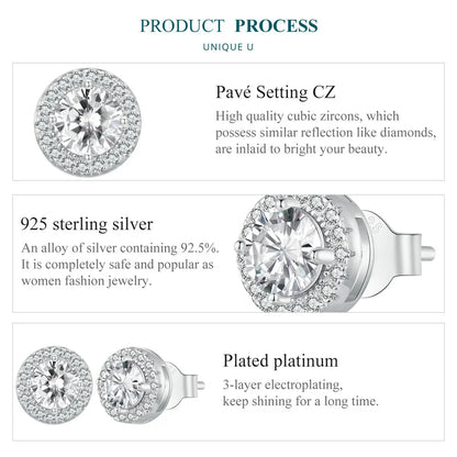 Classic Zircon Stud Earrings – 925 Sterling Silver Round Design